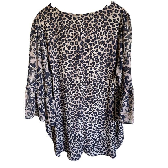 CATO Keyhole Neck Sheer Leopard Cheetah Animal Print Tunic Top Ruffle Bell Sleev - Picture 2 of 7